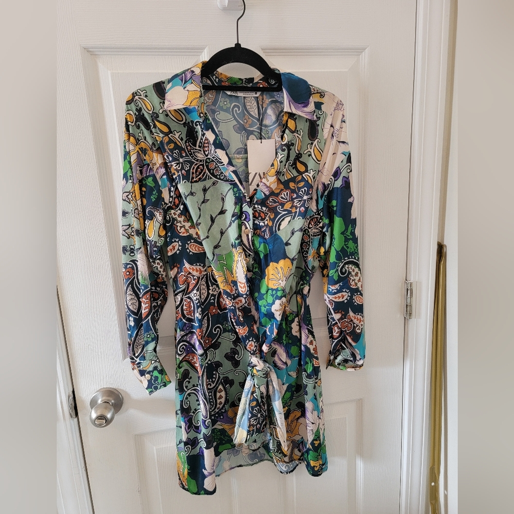 Zara Patchwork Print Satin Effect Multicolored Dr… - image 6